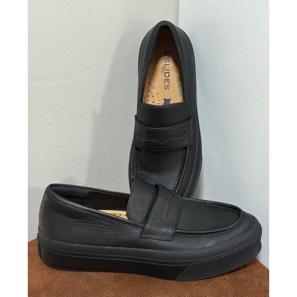 J/SLIDES BLACK LEATHER PLATFORM LOAFERS SLIP ON COMFORT WOMENS SIZE 7.5 CASUAL - Picture 1 of 10